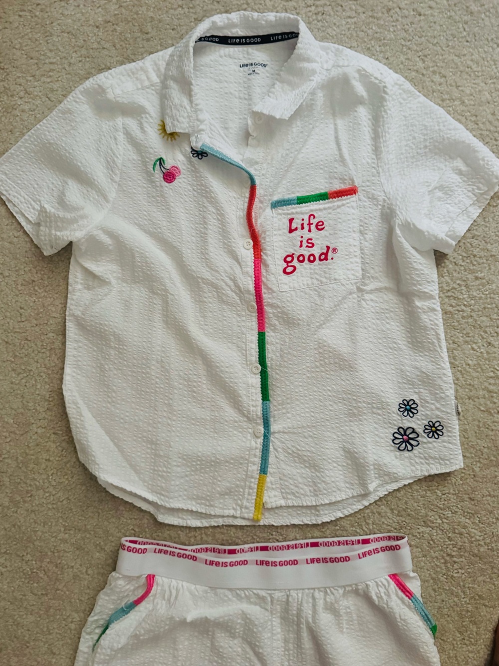 Life Is Good Sleep Set Seersucker Embroidered Rainbow Pajama Top & Shorts White - Picture 4 of 12